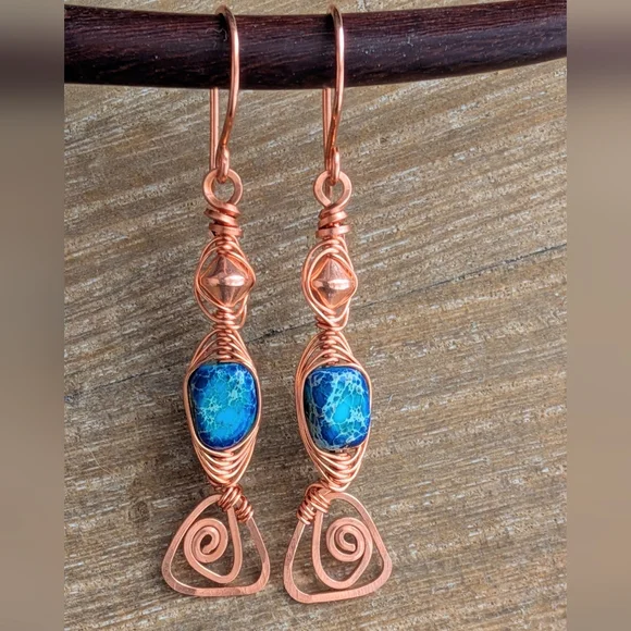 Eclectic Copper Earrings Vibrant Coastal Blue Jasper Artisan Crafted Jewelry - Picture 4 of 11